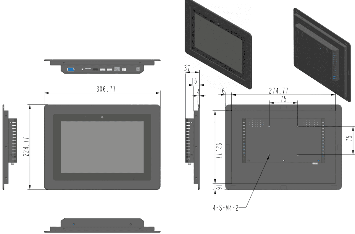 A diagram showing the dimensions of a GK-QR101-N 10.1" Android 11 PoE in-wall touch screen tablet PC - brushed aluminum case.