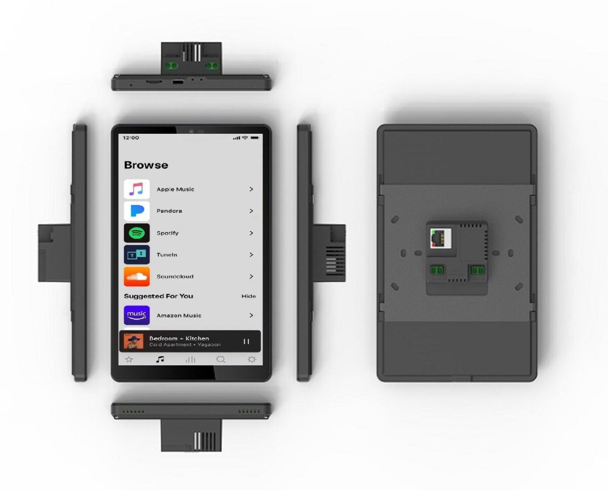 An GK-YCSM08P-SON 8-inch Android 11 PoE in-wall flush mount or US gang box mount tablet PC with a speaker attached to it.