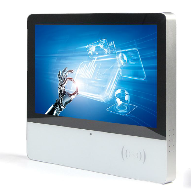 An image of a GK-BD116-LIN 11.1 inch Linux touch screen vandal proof tablet pc with built-in PoE VESA for wall or desk top mount with a hand on its screen.