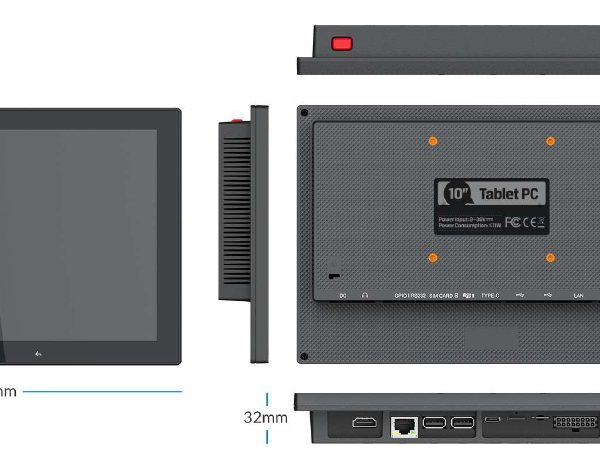 A diagram showing the dimensions of a GKDM1010R 10-inch Android Panel PC / HMI for BACNet, HVAC control 1000 Nits display tablet and a mobile phone.