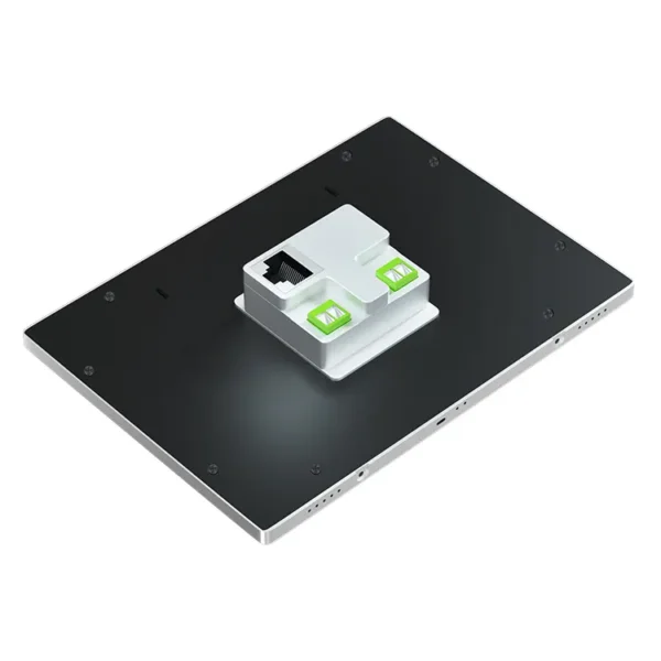 An GK-YCSM10P-V11 10" Android 11 PoE in-wall flush mount or US gang box mount tablet PC with a green light on it.