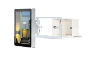 A white wall mounted LCD TV with a white frame features a GKYCSM06STD 6” Android smart home controller wall mount POE WIFI BT gang box mounting.