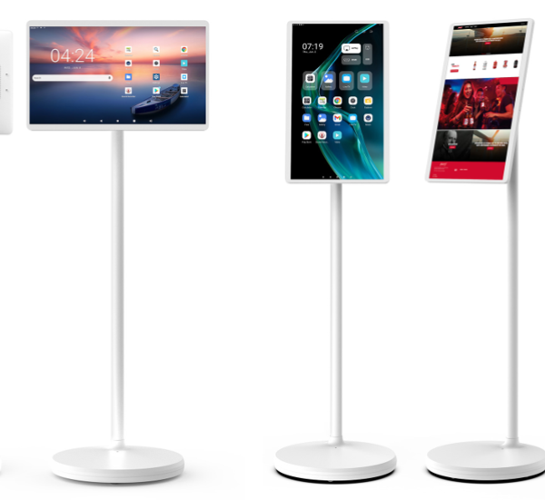 An 24-inch Android Portable Digital Signage AIO Tablet PC Floor Standing with Battery - For Events & Trade Shows GKVG24A advertising kiosk displaying a white stand with the tablet and phone on it.