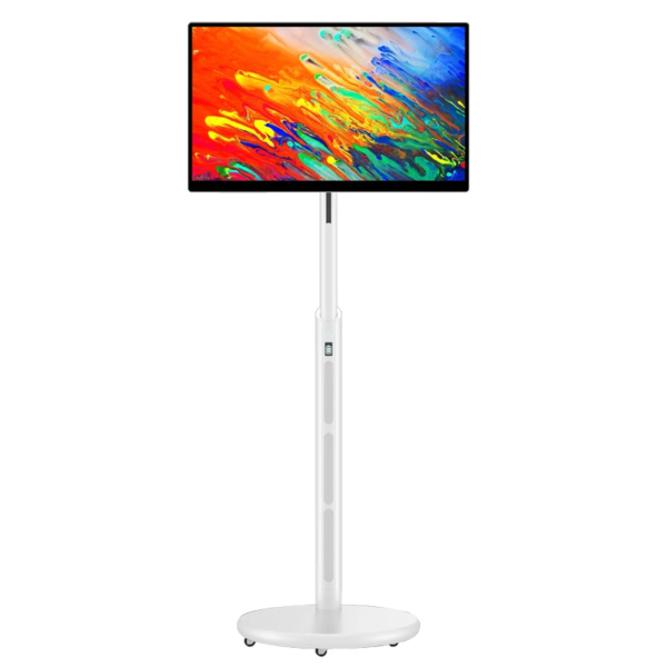 A white GKVG24A floor standing advertising kiosk with a painting on it.