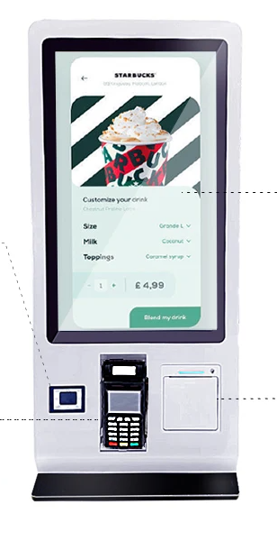 An image of a GKMSS24A 24" Self Service Payment Kiosk - Countertop, barcode scanner, printer payment terminal support with a phone on it.