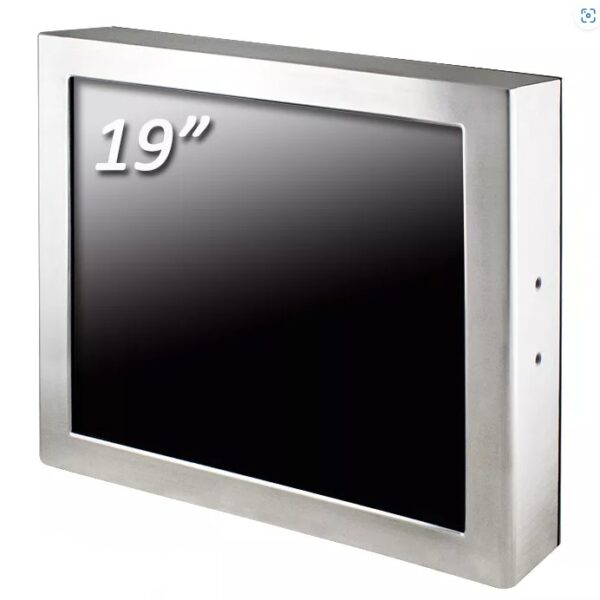 19-inch J1900 Full IP65 Touch IPC with a stainless steel frame and a black screen.