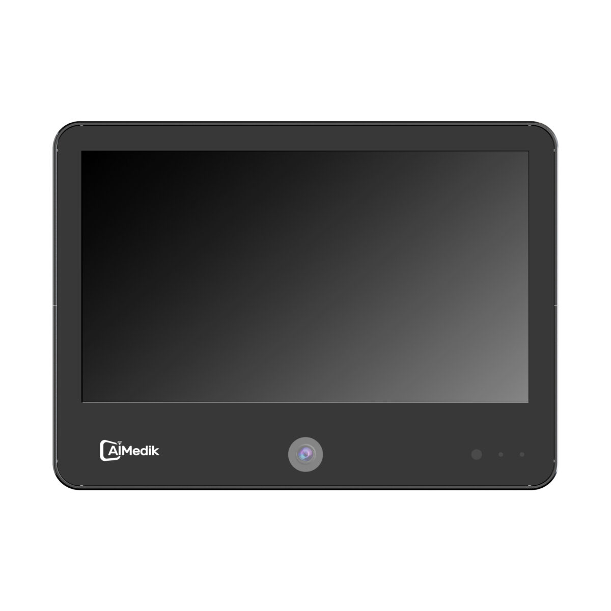 A black tablet with the logo "aimedik" on the bottom bezel, designed for surveillance video recording, and a central home button below the screen.