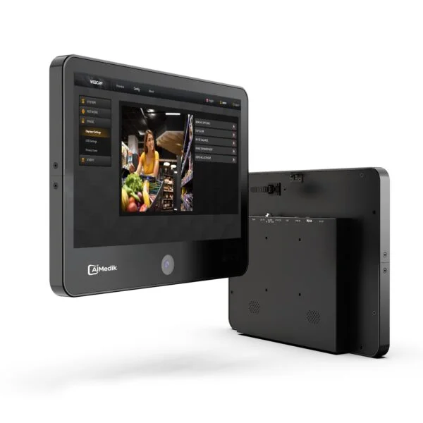 Two GKIPV1330 13.3-inch Full HD IP Public View Surveillance Video Recording Monitors showing patient data interfaces, one facing front and the other turned to show its side profile.