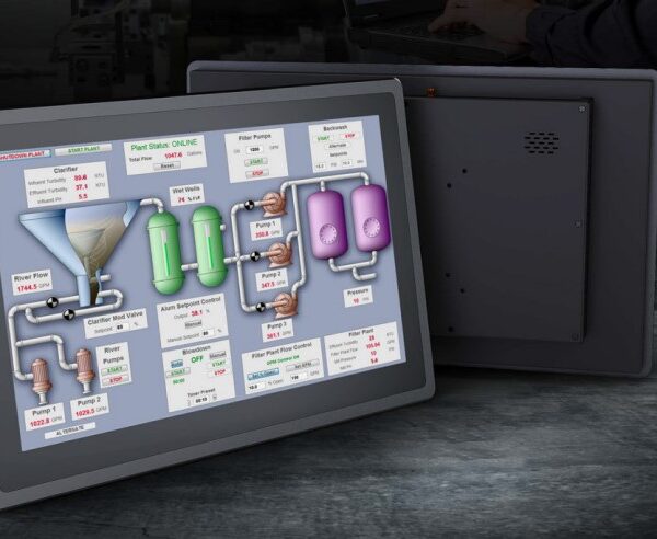 Industrial process control interface displayed on a GKNX1560 15.6-inch Windows touch screen panel pc with high brightness display ip65 Front Panel.