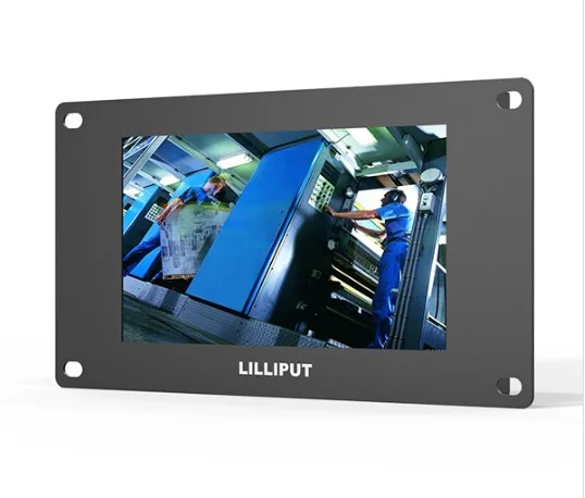 7 inch industrial open frame touch monitor displaying workers operating machinery.