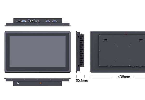 Exploded view of a GKNX1560 15.6-inch Windows touch screen panel PC with high brightness display ip65 Front Panel and dimensions labeled.