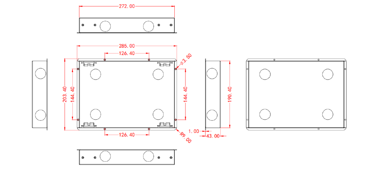 Technical drawing of a GKTVF101V12 10.1-inch Android in-wall flush or recessed wall mount touch screen tablet pc with POE for Industrial Panels, home automation controller and building automation with multiple views and dimension annotations.