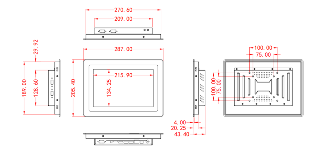Technical drawing of a GKTVF101V12 10.1-inch Android in-wall flush or recessed wall mount touch screen tablet pc with POE for Industrial Panels, home automation controller and building automation with dimension annotations.