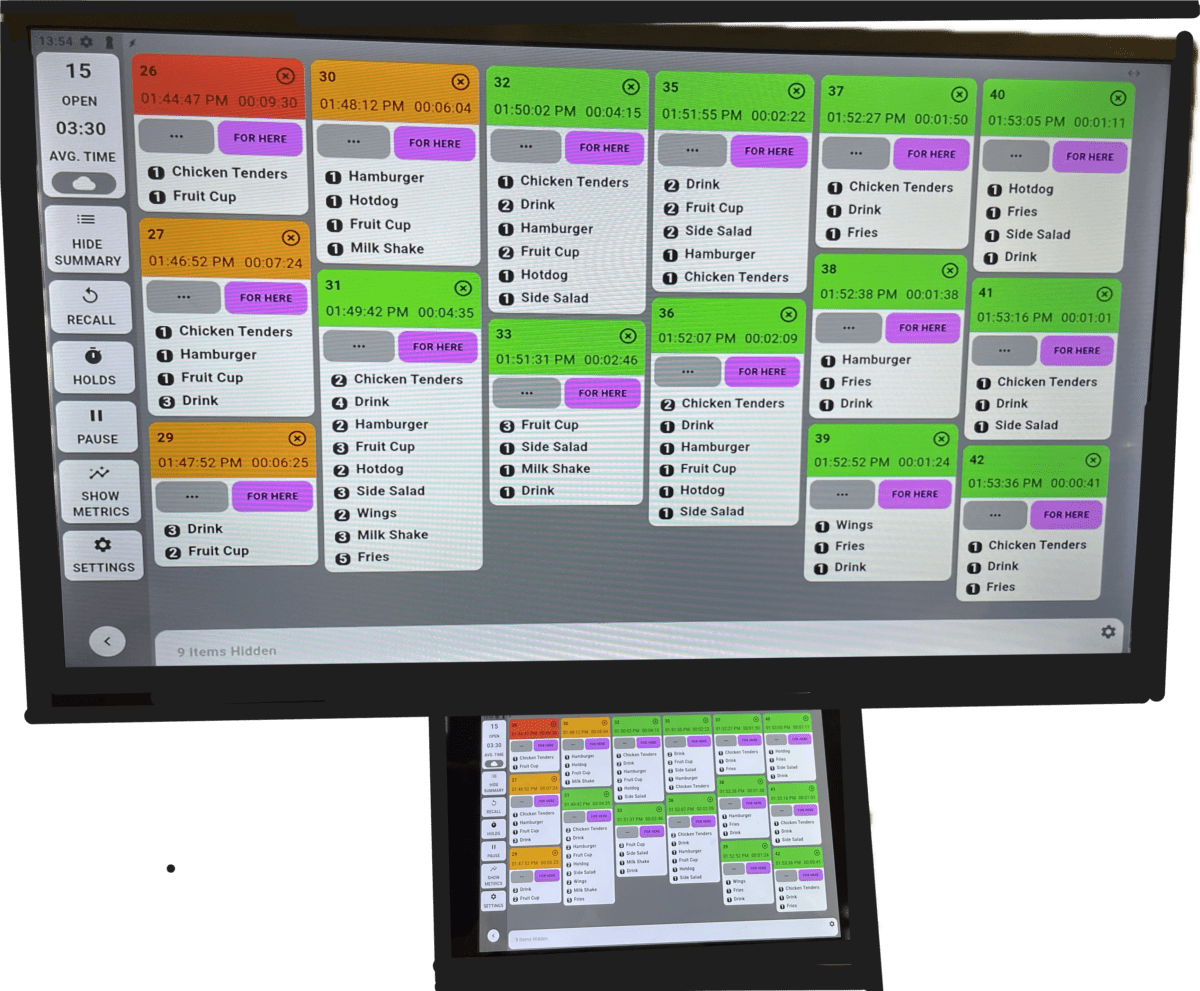 Restaurant kitchen order display screens.