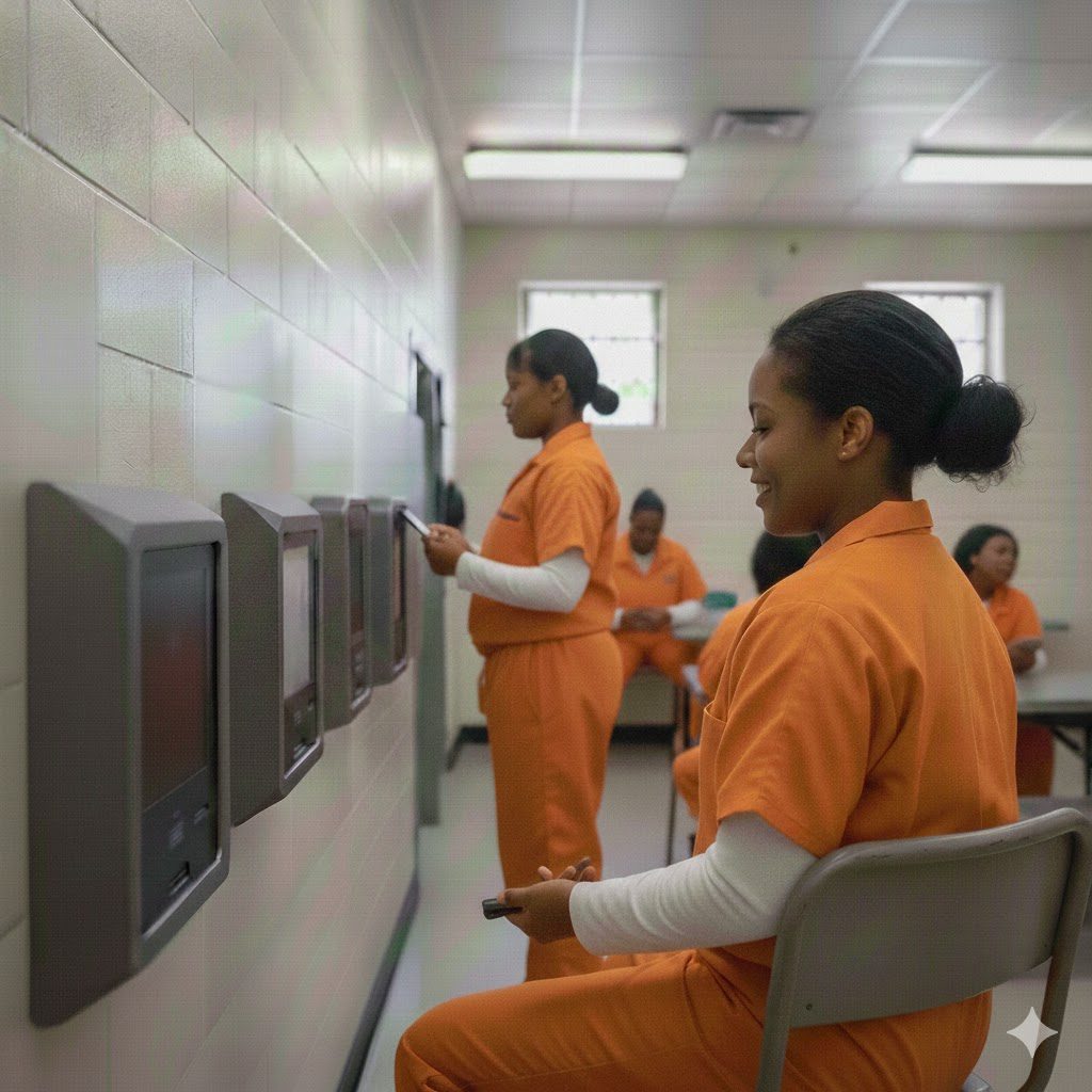 female inmate using video kiosk